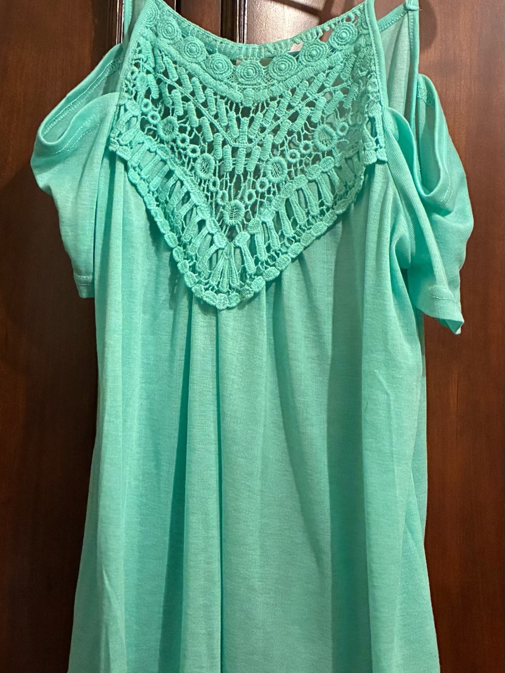 Cold-Shoulder Crochet Yoke Women's Top in Mint Green by BiBi